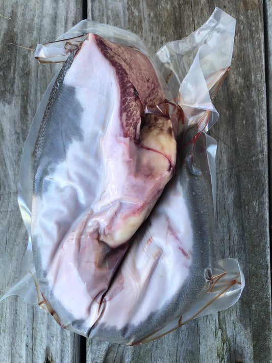 A vacuum-sealed frozen package of Robie Farm beef tongue