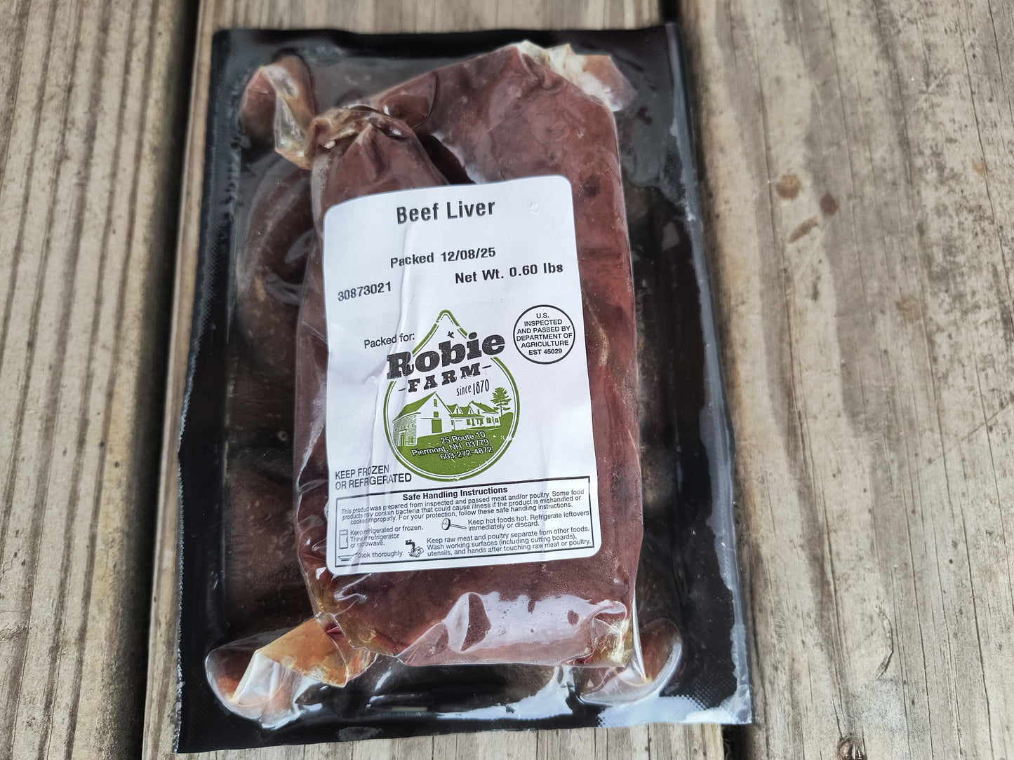 Package of frozen Robie Farm grass-fed, grain-finished beef liver