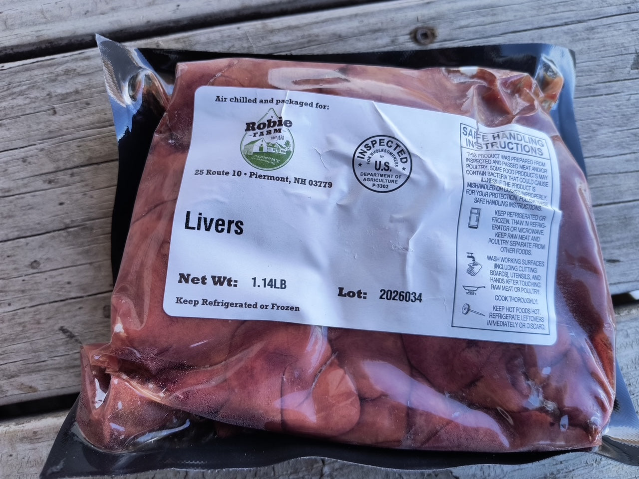 Image of frozen package of Robie Farm pasture raised chicken livers