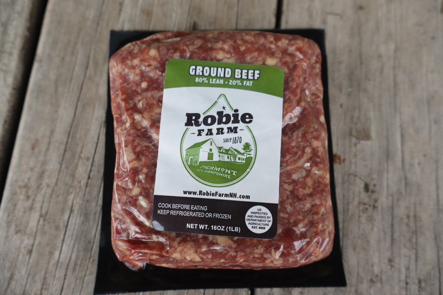 1 pound of 80% lean, 20% fat ground beef from Robie Farm