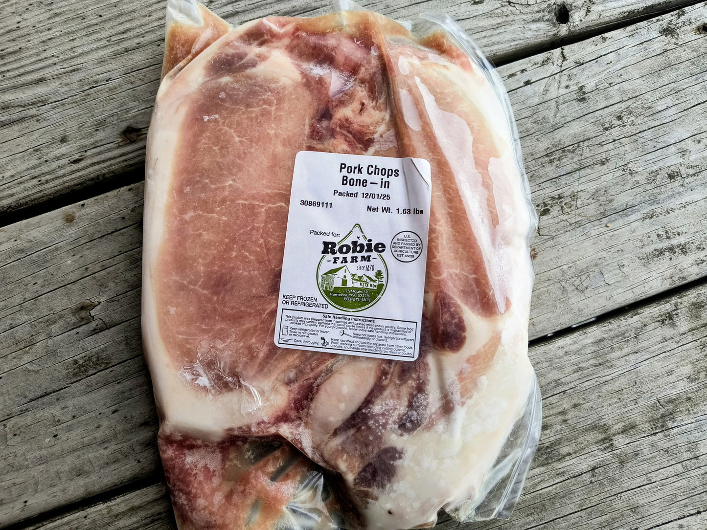 Image of frozen Robie Farm bone-in pork chops