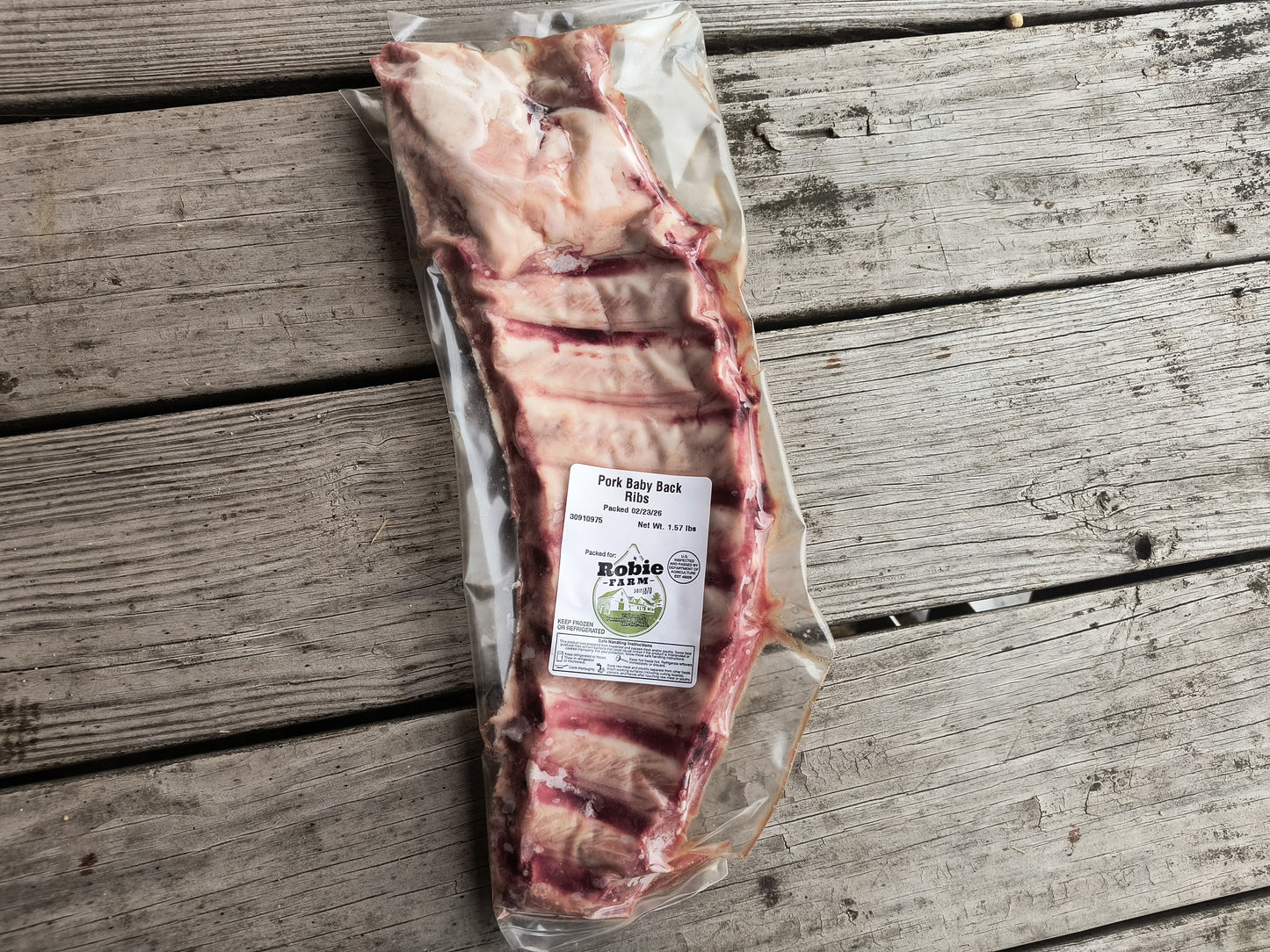 Package of frozen pork baby back ribs at the Robie Farm in Piermont, NH