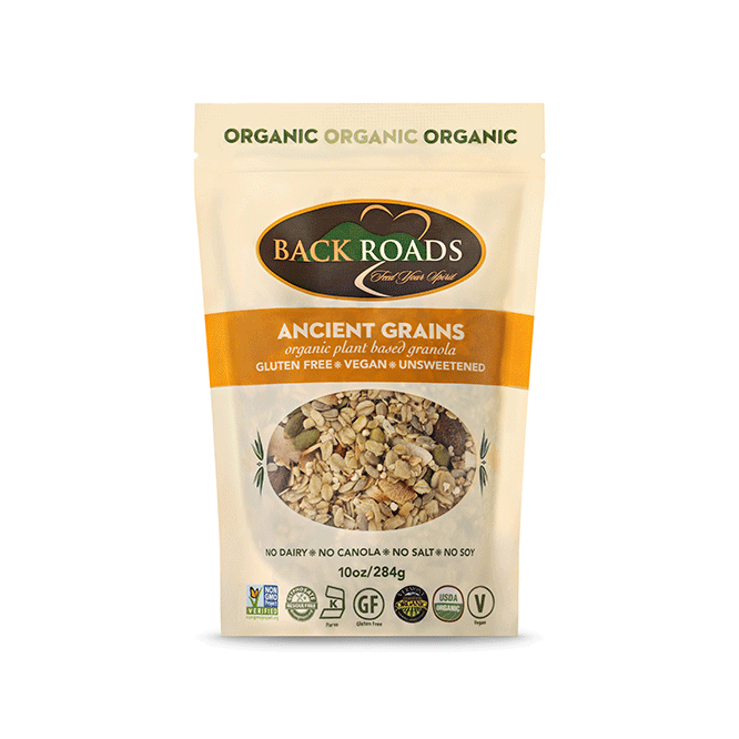 Image of Back Roads brand Ancient Grains flavor granola at Robie Farm in Piermont, NH