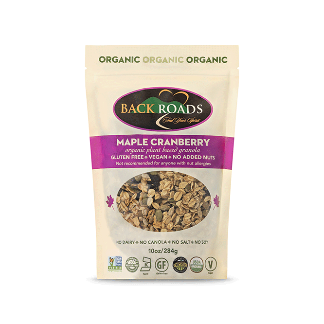 Image of Back Roads brand Maple Cranberry flavor granola at Robie Farm in Piermont, NH