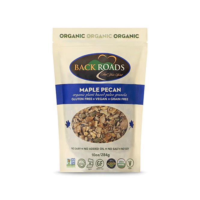 Image of Back Roads brand Maple Pecan flavor granola at Robie Farm in Piermont, NH