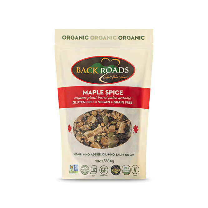 Image of Back Roads brand Maple Spice flavor granola at Robie Farm in Piermont, NH
