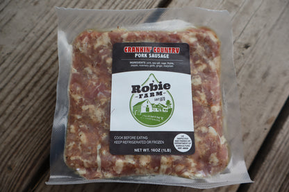 Crankin' Country pork breakfast ground sausage, raw and seasoned