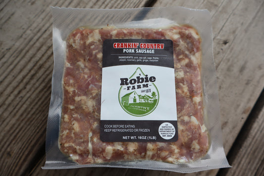 Crankin' Country pork breakfast ground sausage, raw and seasoned