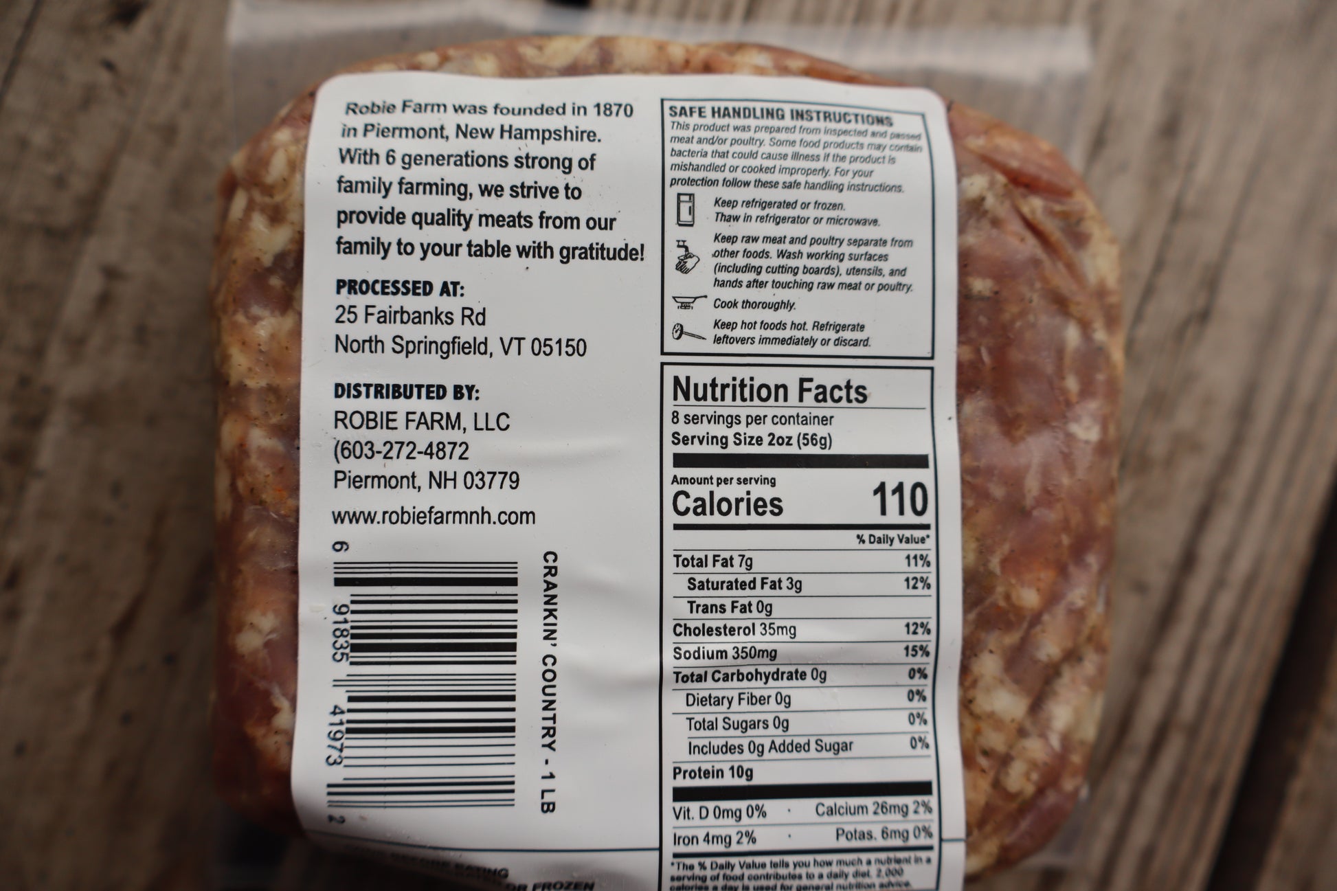 Nutrition facts of Crankin' Country pork breakfast ground sausage, raw and seasoned