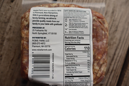 Nutrition facts of Crankin' Country pork breakfast ground sausage, raw and seasoned