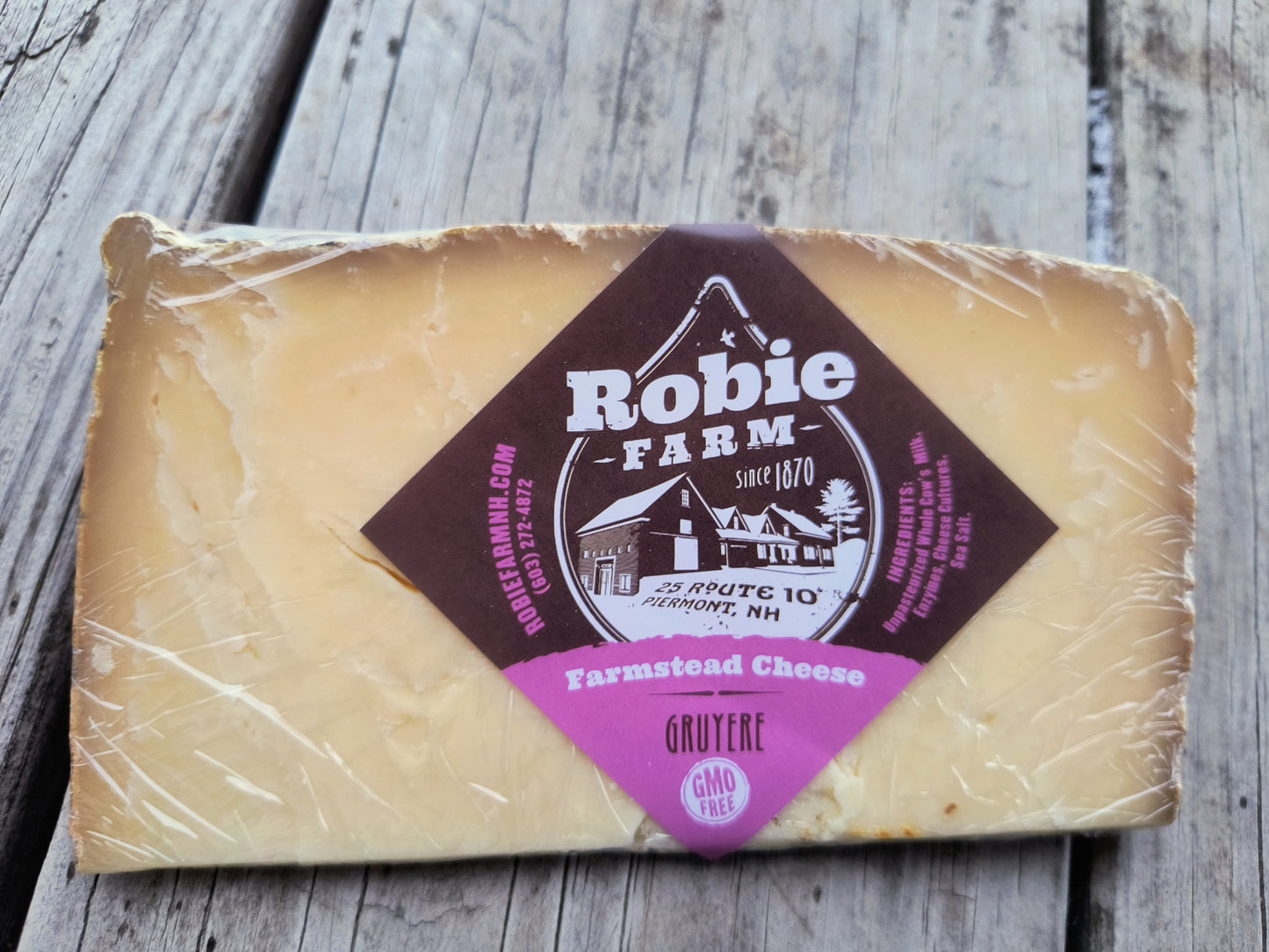 A package of Robie Farm Farmstead Gruyère cheese.