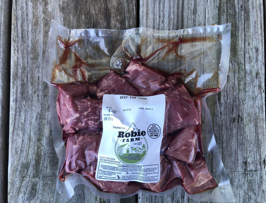 A vacuum-sealed package of beef stew meat pieces from Robie Farm in Piermont NH