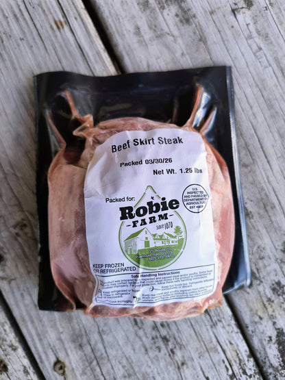 Packaged beef skirt steak from Robie Farm 