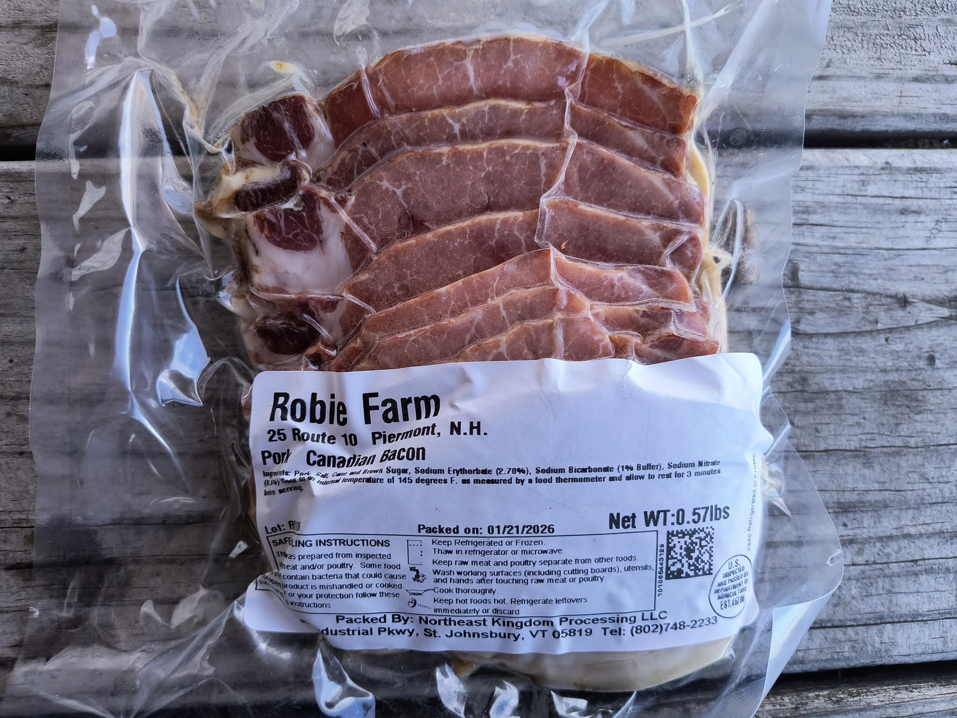 Package of Canadian pork bacon from the Robie Farm in New Hampshire
