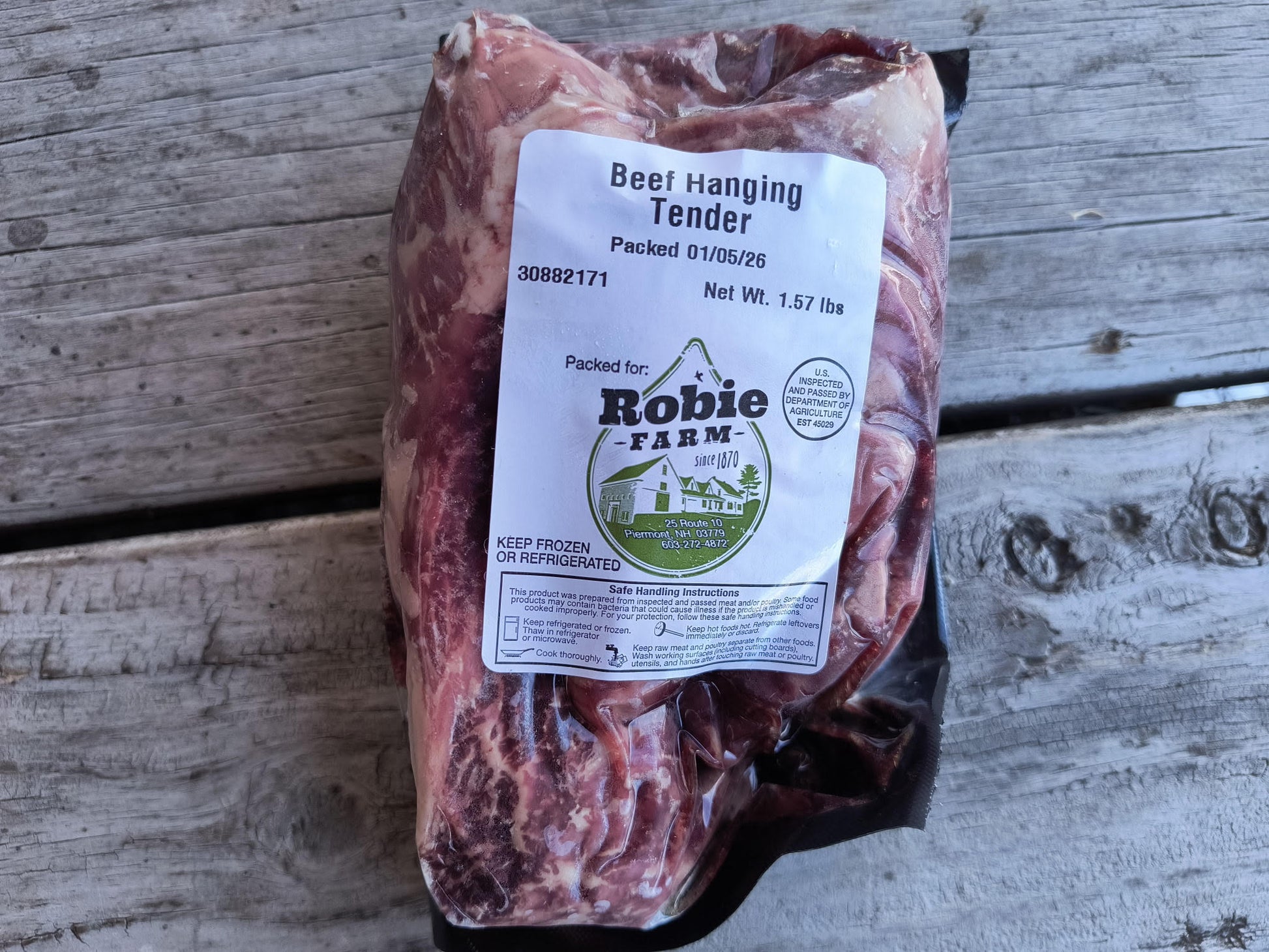 Package of beef hanging tender steak from the Robie Farm in Piermont, NH