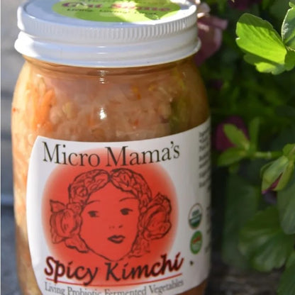 Jar of Micro Mama's Spicy Kimchi with a plant in the background