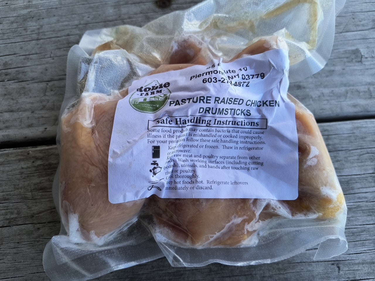 Package of pasture raised chicken drumsticks from Robie Farm