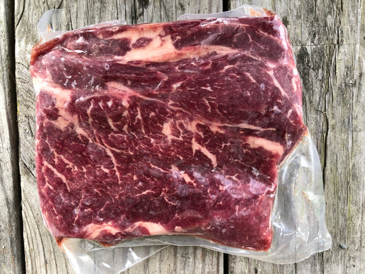 Grass fed grain finished beef chuck steak from robie farm in upper valley of NH