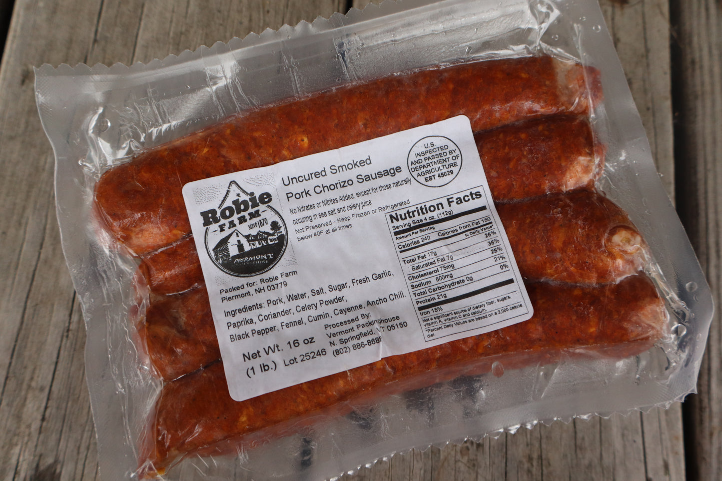 1 lb package of pork smoked chorizo links from Piermont, NH