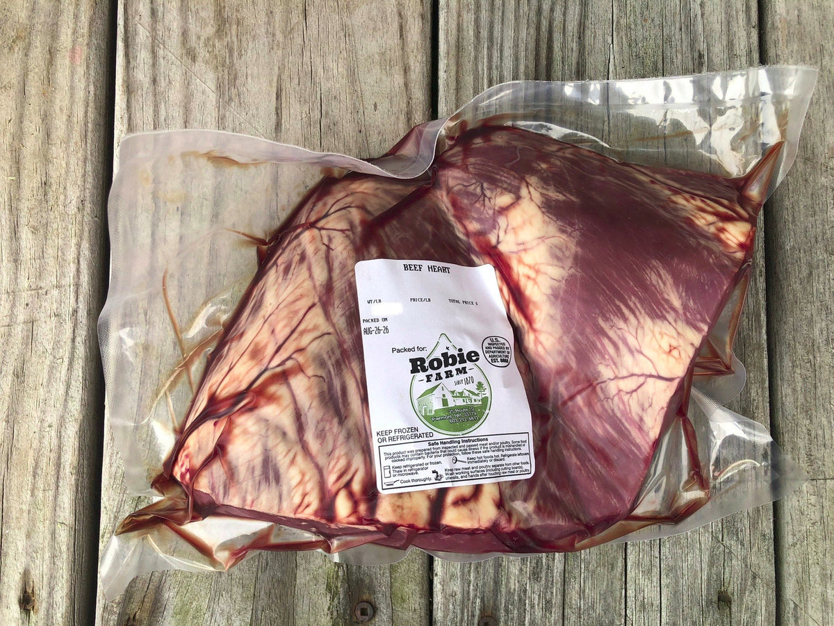 A vacuum-sealed package of a Robie Farm beef heart
