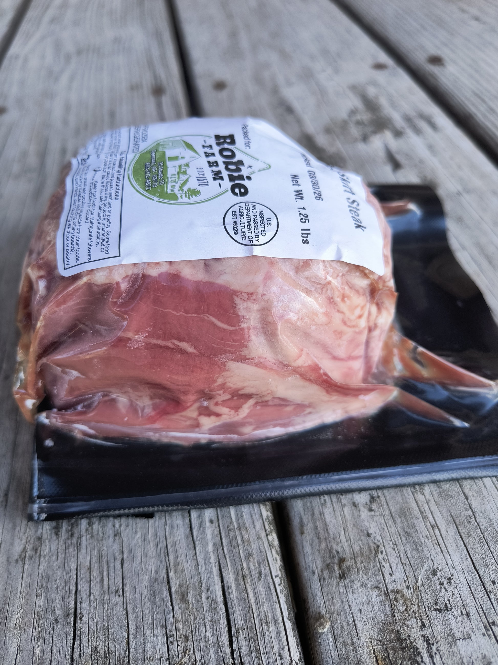 Package of Robie Farm beef skirt steak