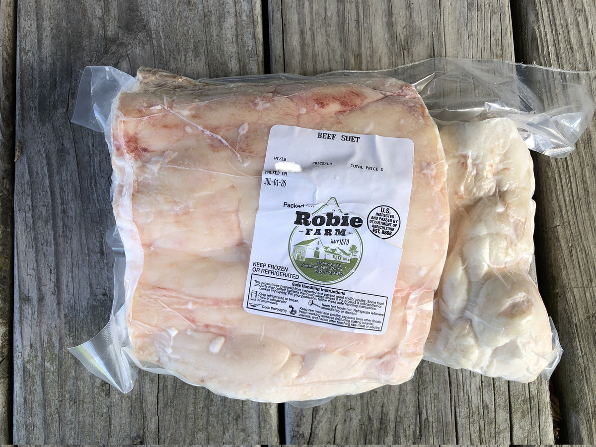 A vacuum-sealed package of beef suet from Robie Farm in Piermont, NH