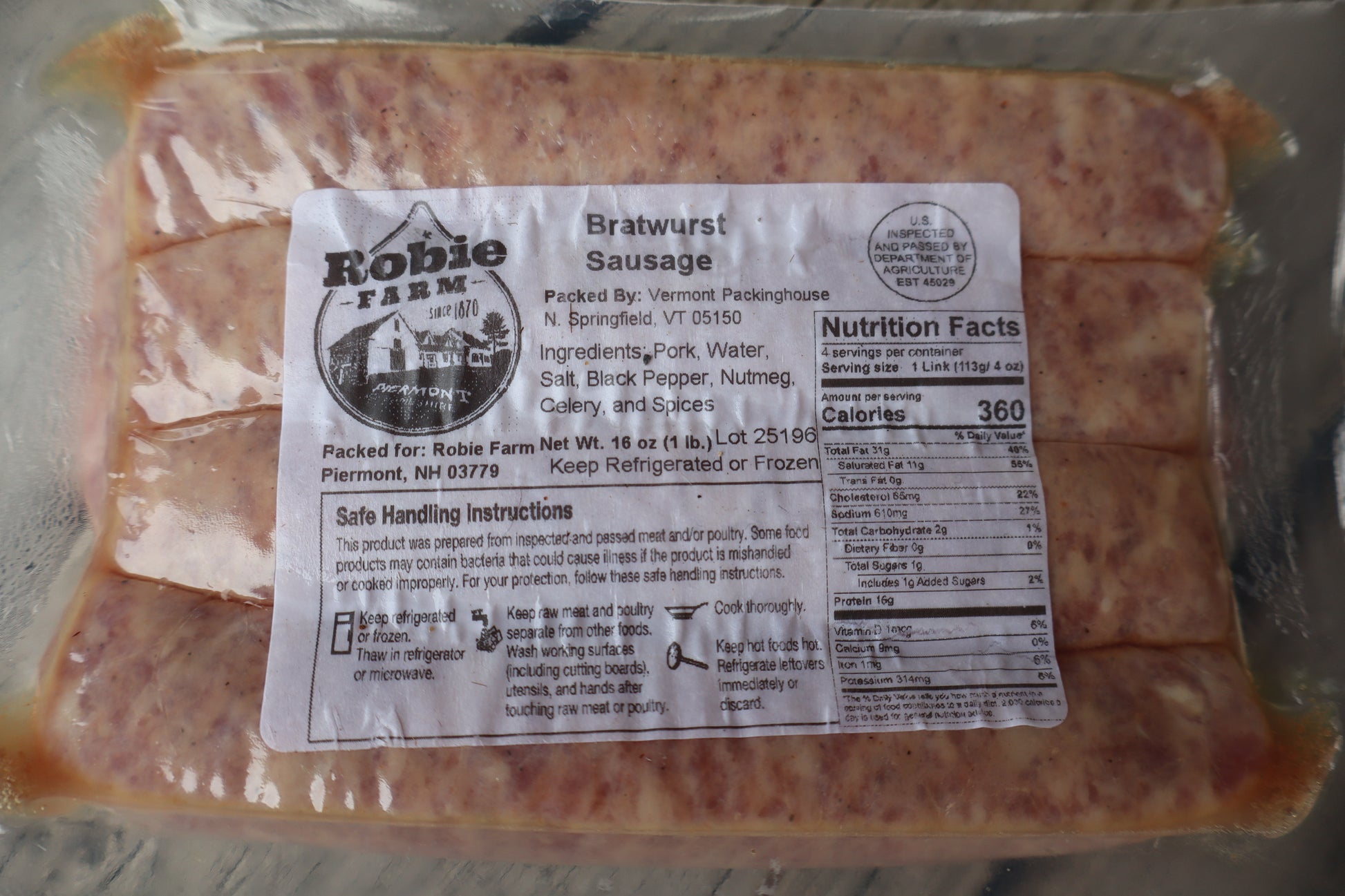Packaged Robie Farm Bratwurst Sausage