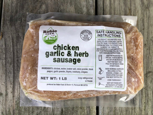 A vacuum-sealed package of the Robie Farm chicken garlic and herb sausage