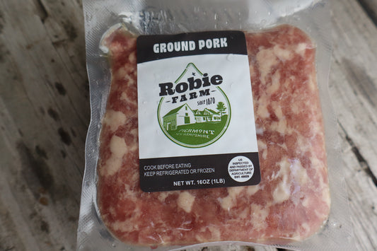 Close up image of vacuum sealed Robie Farm ground pork