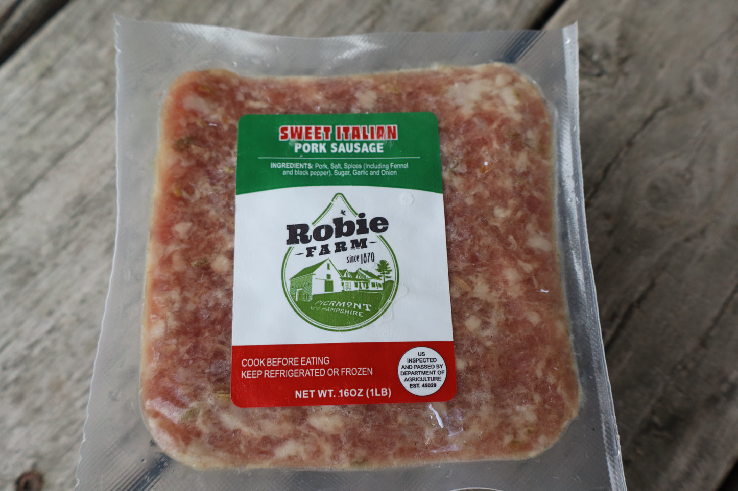 Packaged ground sweet Italian pork sausage from Robie Farm