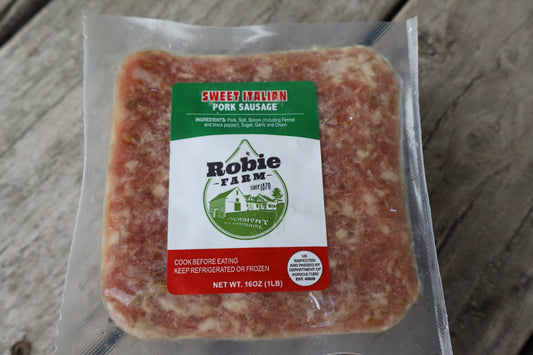 Packaged ground sweet Italian pork sausage from Robie Farm