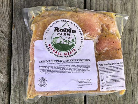 A vacuum-sealed package of Robie Farm Lemon Pepper Chicken Tenders