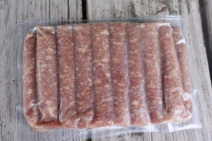 Backside of a vacuumed sealed package of maple breakfast sausage from the Robie Farm in Piermont, NH
