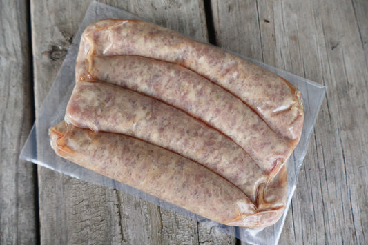 Backside of a package of vacuumed sealed sweet Italian sausage links from the Robie Farm in Piermont, NH