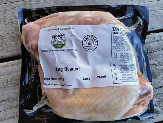 Package of Robie Farm pasture raised chicken leg quarters