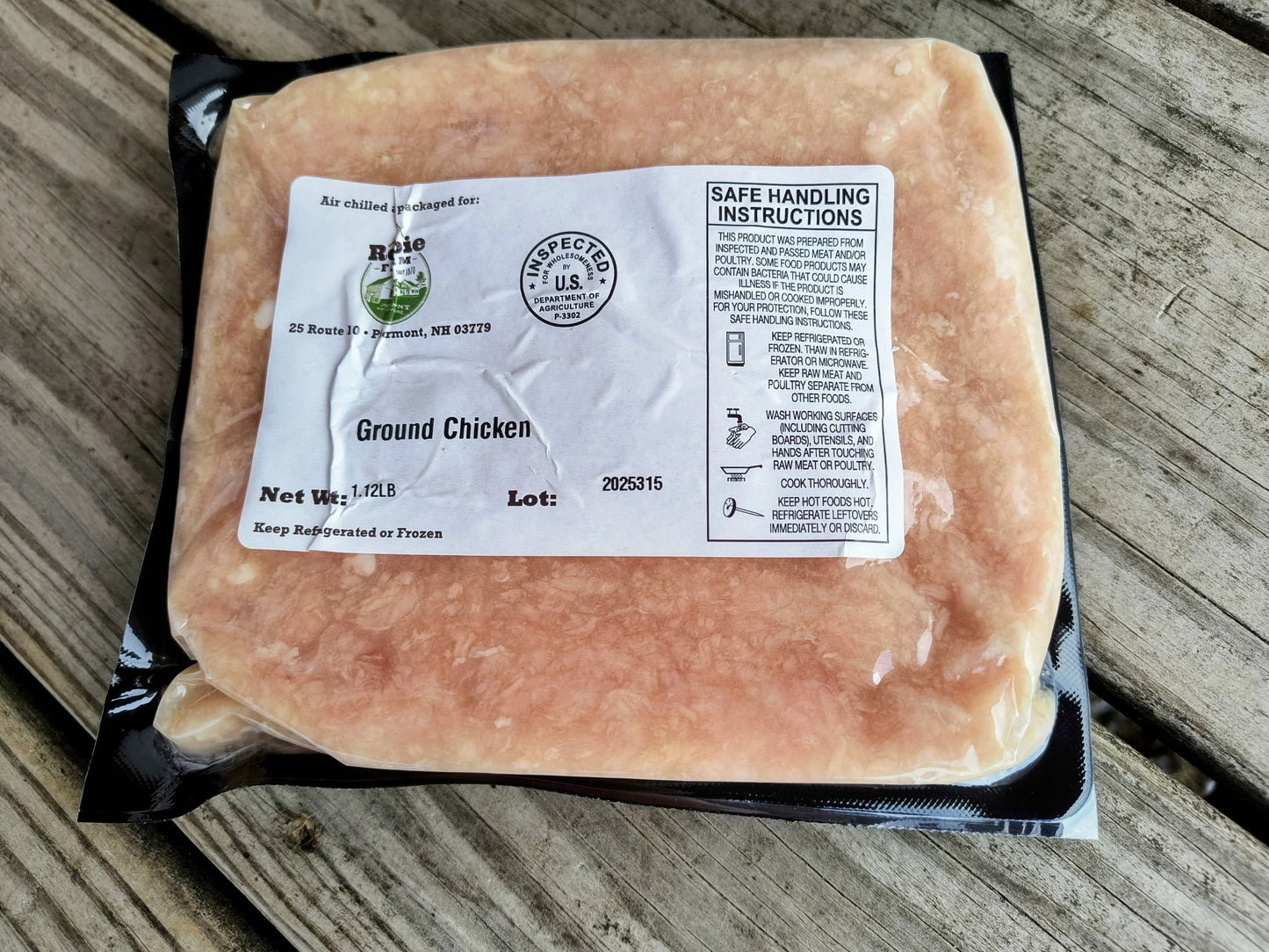 A image of frozen ground chicken packaged at the Robie Farm in Piermont, NH