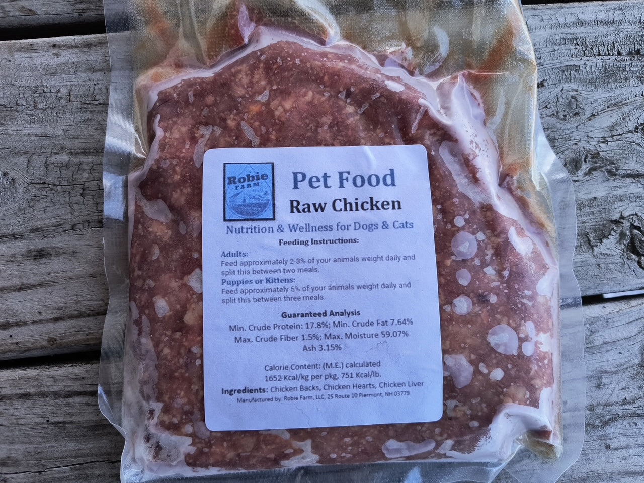 Package of frozen raw chicken pet food from the Robie Farm in New Hampshire