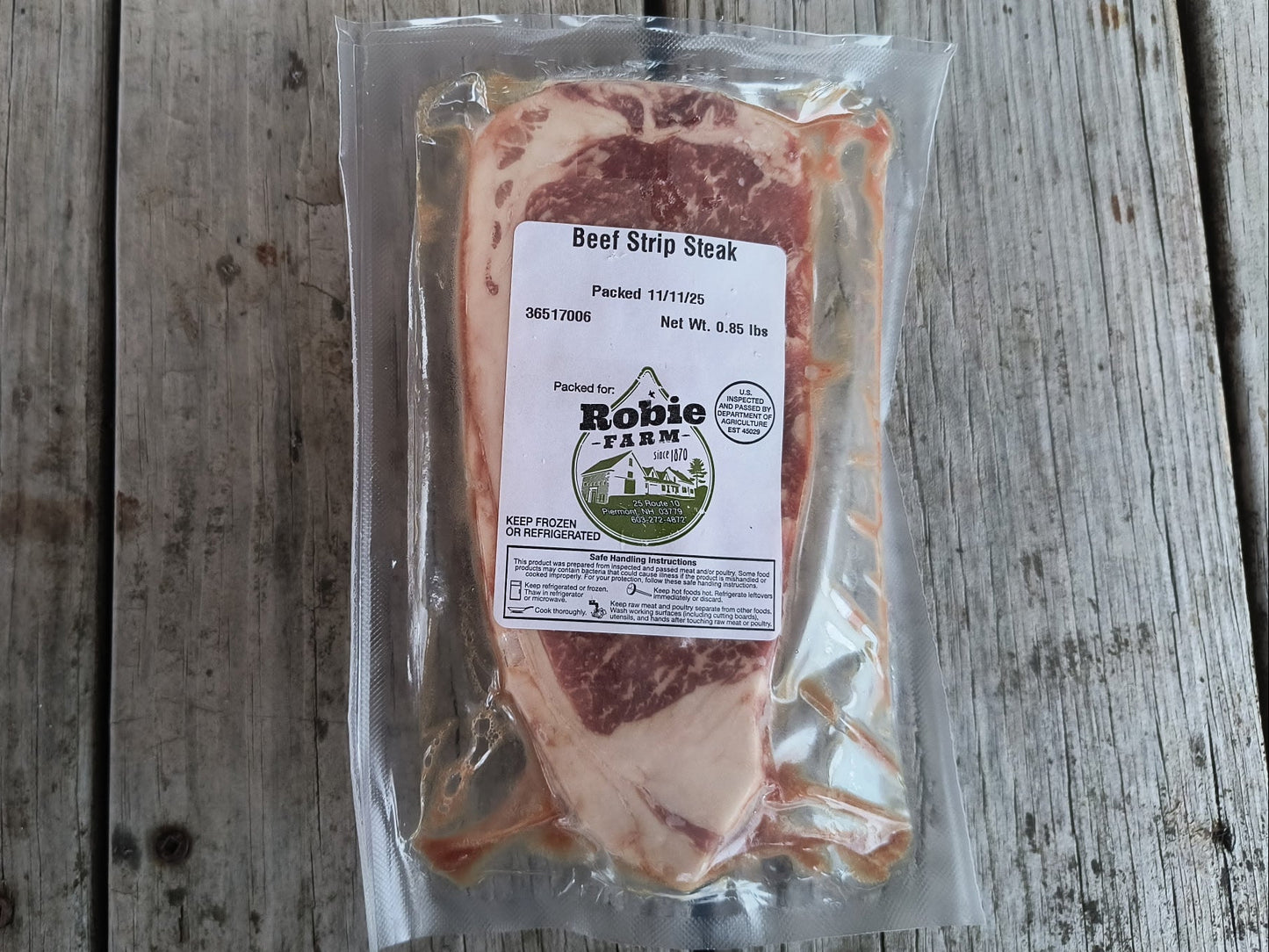 Packaged beef strip steak also known as New York loin strip