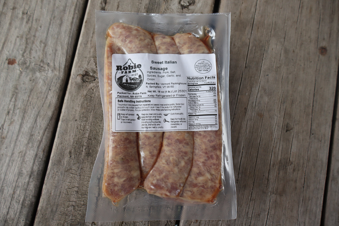 Vacuumed sealed sweet Italian sausage links from the Robie Farm