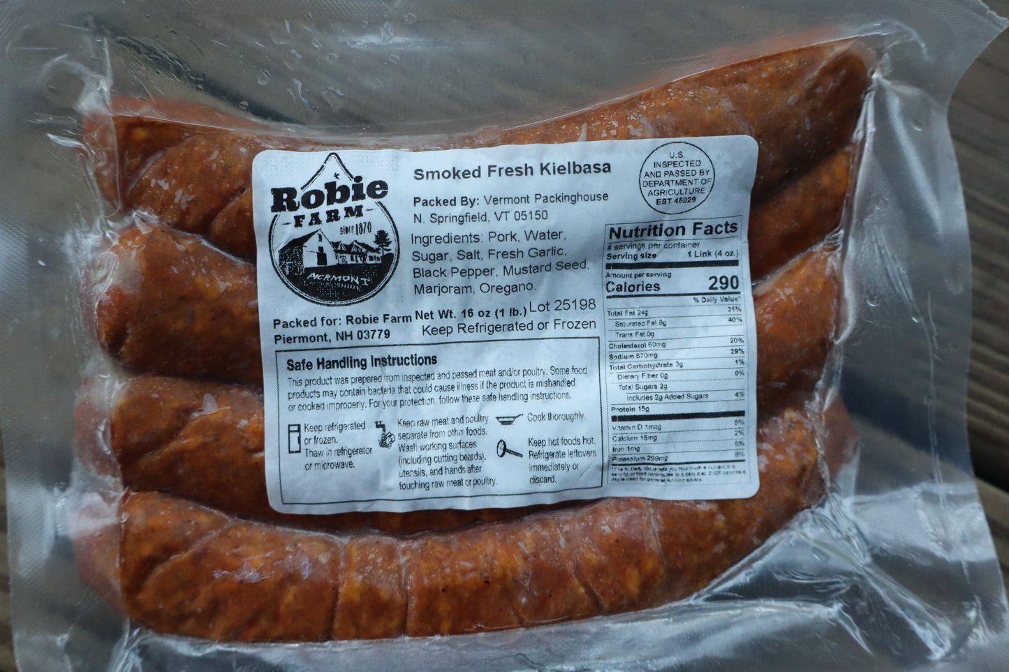 Packaged smoked fresh kielbasa with Robie Farm label 